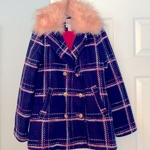 Cat & Jack Girls Faux Fur trimmed Plaid Pea Coat *** LIKE NEW